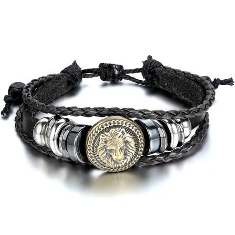 Мужской кожаный браслет BONISKISS, плетеный браслет ручной работы в европейском стиле, регулируемый браслет на запястье с головой льва