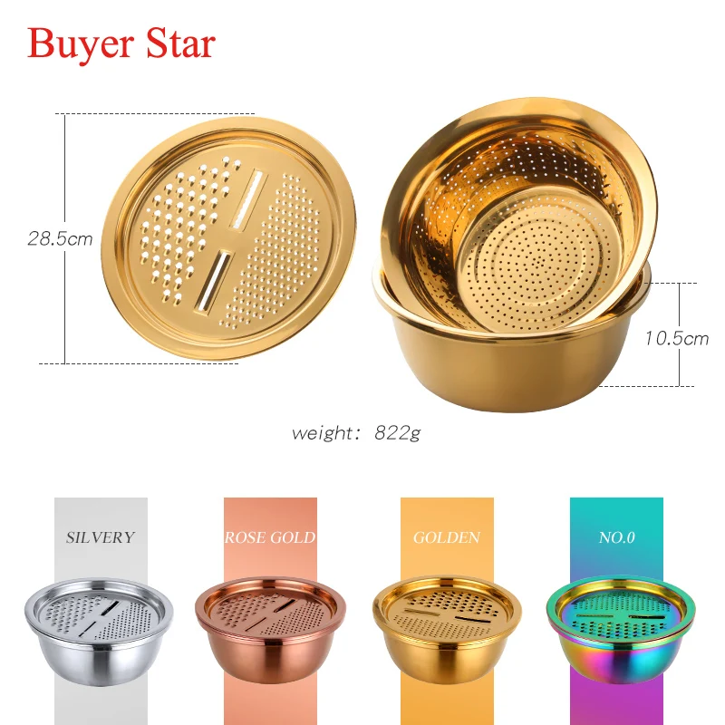 Manual Stainless Steel Strainer Rice Washing Basin Filter Gold Vegetable Grater Fruit Peeler Household Metal Kitchen Utensil set images - 6