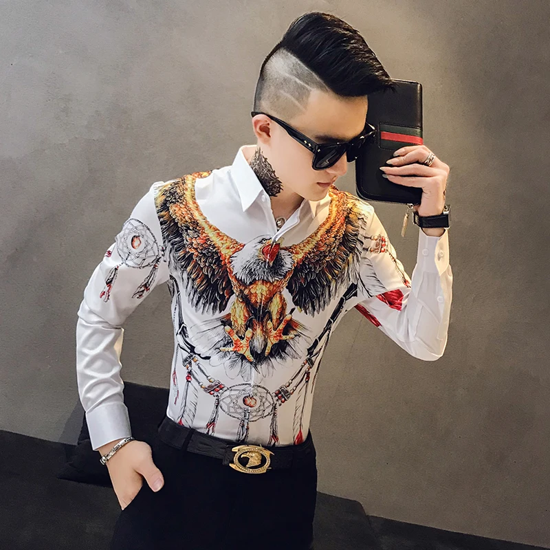 Осенняя мужская Модная приталенная рубашка с коротким рукавом Camisa Masculina, Повседневная Уличная Мужская рубашка с принтом орла