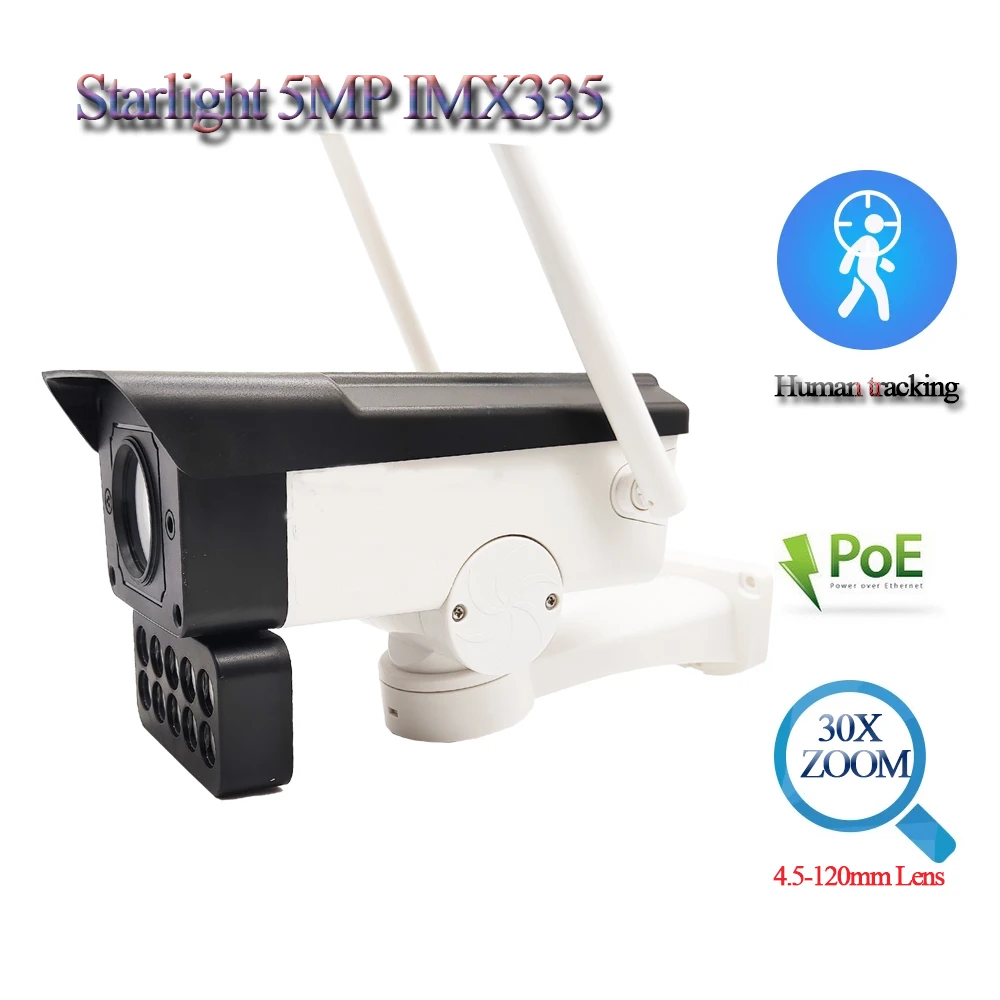 

5MP H.265 Outdoor 30X Optical Zoom Bullet PTZ Wifi IP Network Camera, CCTV Security Camara, Human Tracking RTSP Audio