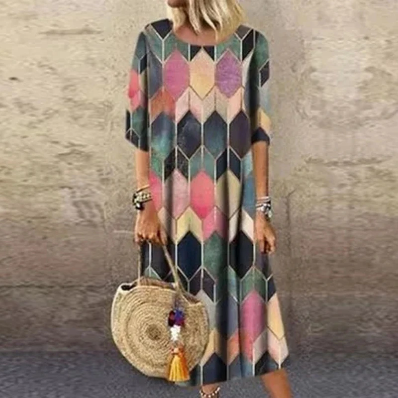 

Women Fashion Geometric Print Long Party Dress 2021 Spring Autumn Half Sleeve Dress Ladies Vintage Loose A-Line Dresses Vestidos