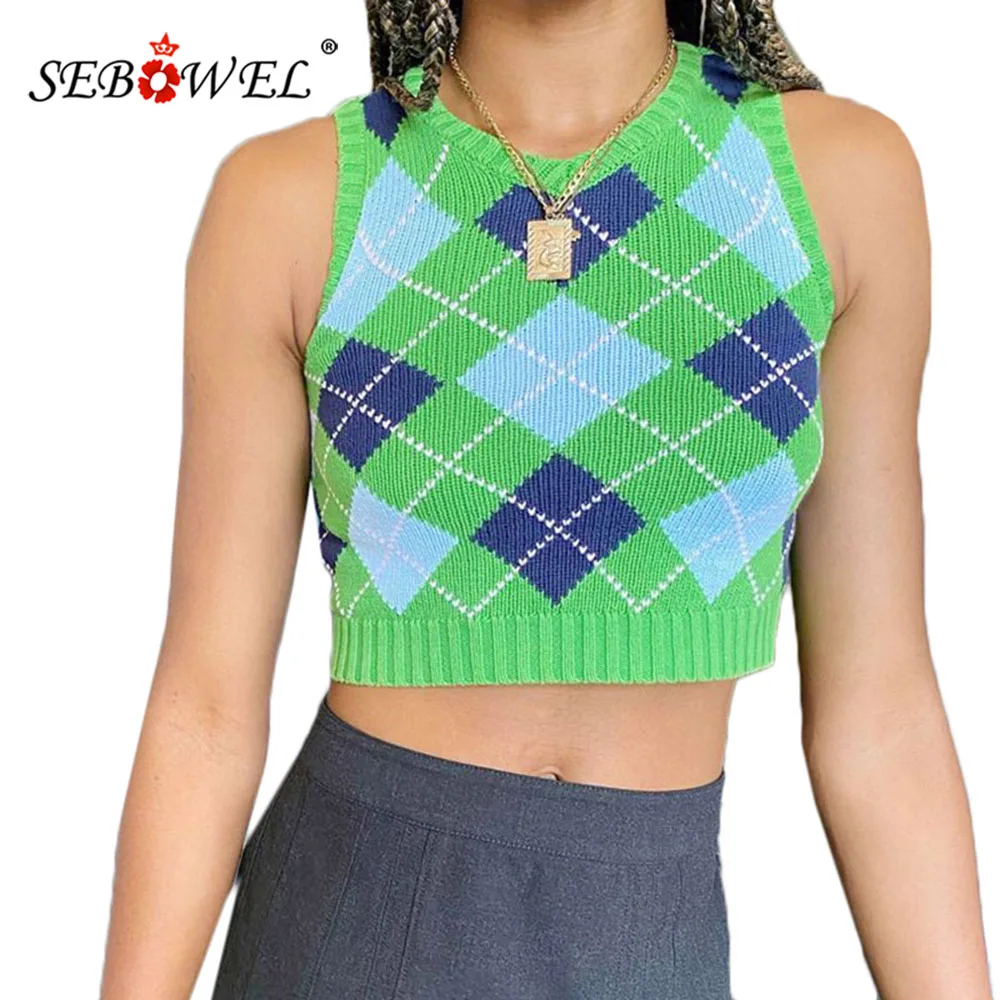 

SEBOWEL Women's Autumn Vintage Sweater Vest Female Argyle Plaid Preppy Style Sleeveless Crop Knitwear Tank Top Streetwear S-L