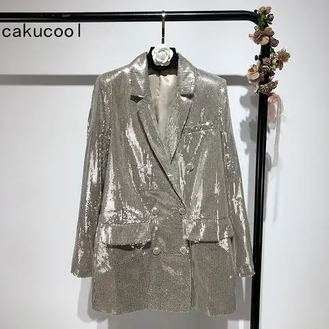 Женский блестящий пиджак Cakucool, серебристый блестящий пиджак с разрезом, для офиса, для официальной вечеринки, средней длины