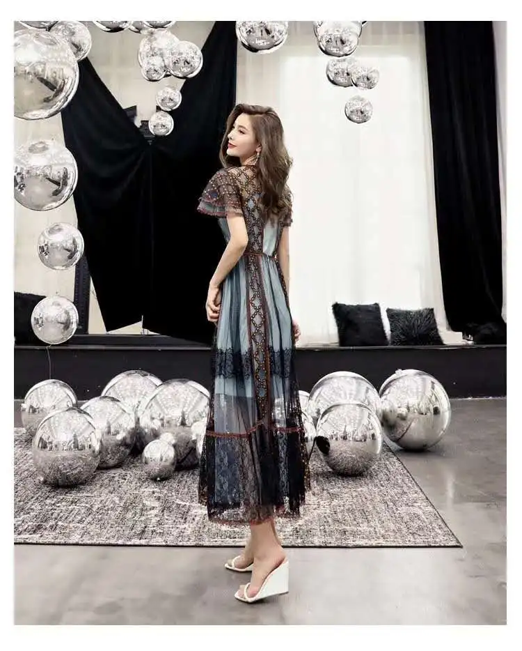 

2021 Spring New Summer Party Evening Women Sexy Backless Appliques Lace Embroidery Short Sleeve Ankle Length Long Maxi Dress