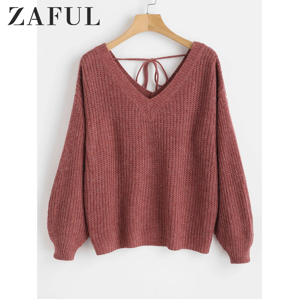 Женский свитер с v-образным вырезом и открытыми плечами ZAFUL однотонный свободный