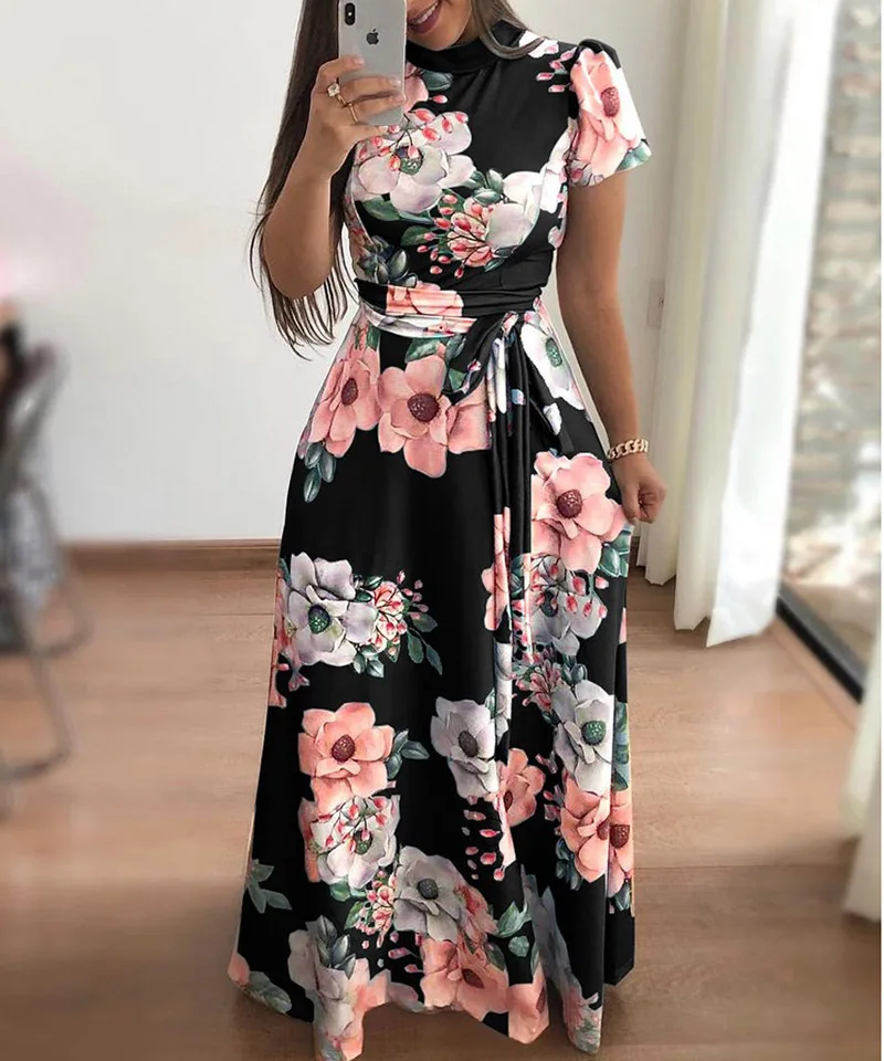 

Floral bohemian beach dress plus size women summer high collar short sleeve floral long skirt with belt women waist dress