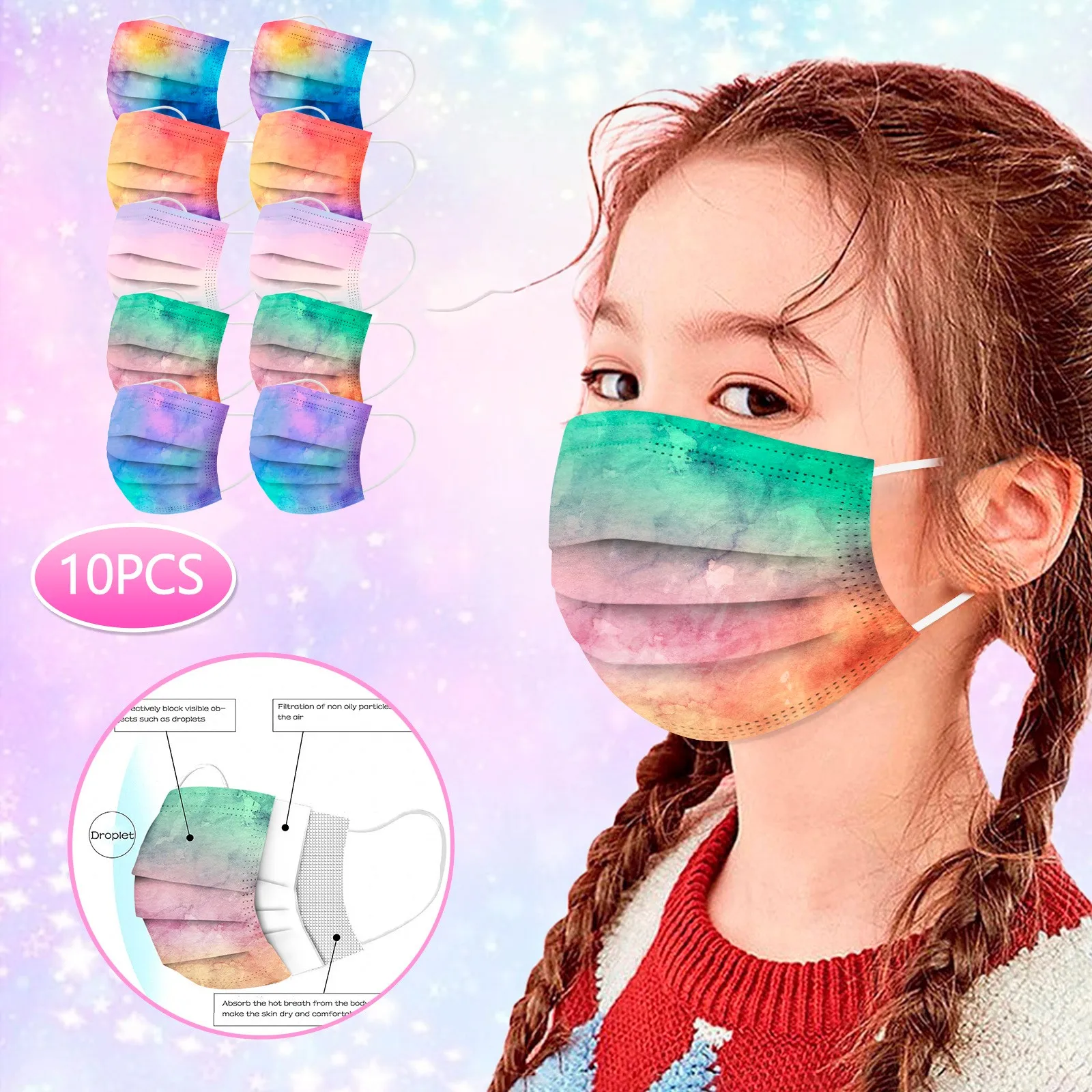 

10PC Children Disposable Face Masks Tie-Dyed Contrast Watercolor Print Mask Industrial 3Ply Dustproof Masks Earloop Bandage Mask