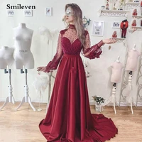 smileven puff sleeve evening dresses 2020 a line high neck beaded pearls elegant sexy party gowns robe de soiree prom dresses