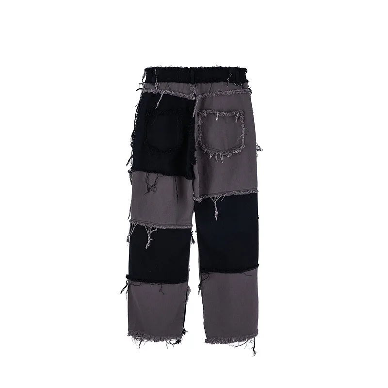 

2021 Denim Pants Hip Hop Streetwear Distressed Color Block Patchwork Jogger Jeans Casual Fashion Loose Trousers