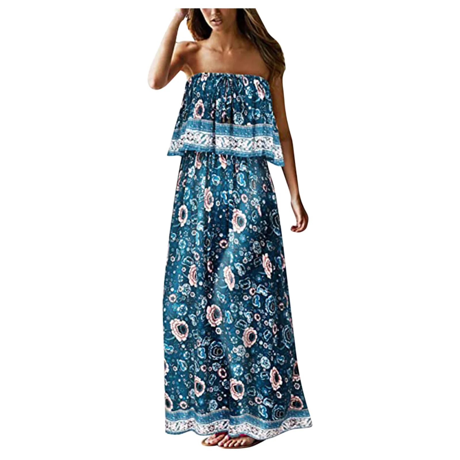 

Fashion Women's Dress Summer Strapless Beach Bohemian Floral Print Holiday Dress Ladies High Waist Tube Top Dress#35