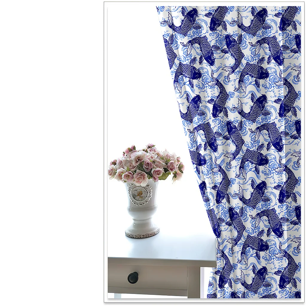 

Living Room Shading 90% Decorative Curtain Blue Carp Pattern Home Textile Decoration Bedroom Perforated Curtains
