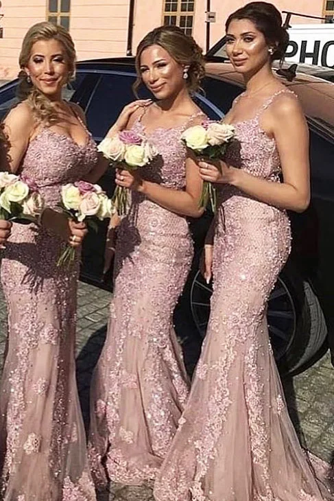 

Gorgeous Spaghetti Straps Bridesmaid Dresses Tulle Lace Appliques Beads Mermaid Maid of Honor Dress for Wedding Party