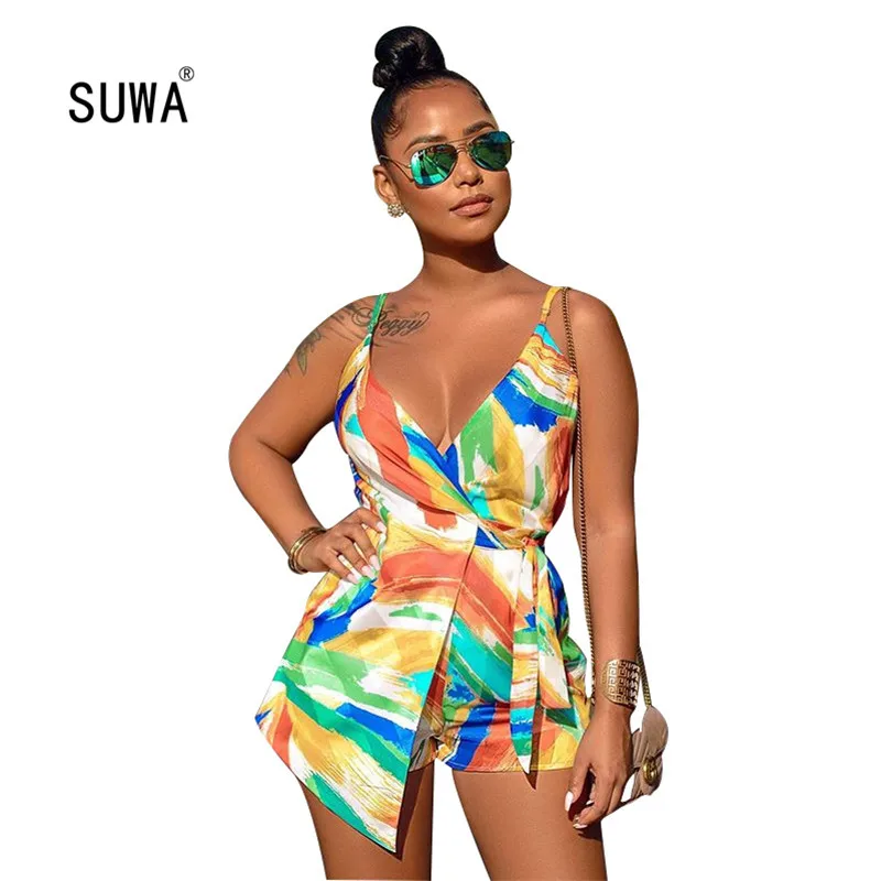 Женский пляжный комбинезон на бретелях спагетти повседневный короткий без