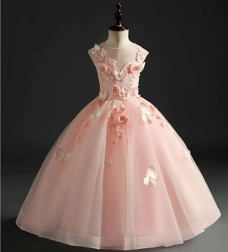 Розовое кружевное платье с аппликацией для маленьких девочек длинное Тюлевое на