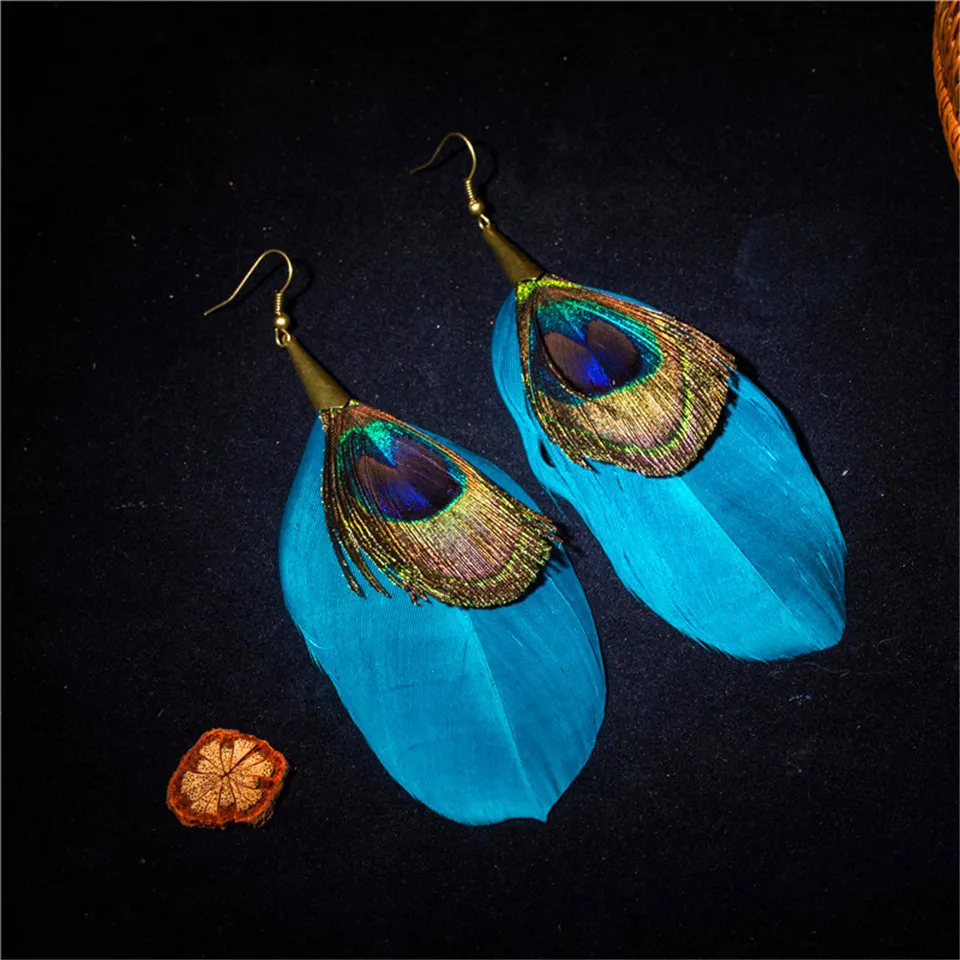 Женские серьги с синими перьями в этническом стиле|feather earrings for women|blue feather earringsfeather