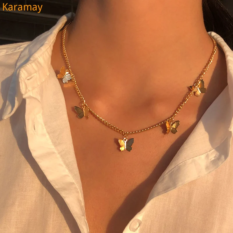 

Gold Chain Butterfly Pendant Choker Necklace Women Statement Collares Bohemian Beach Jewelry Gift Collier Cheap