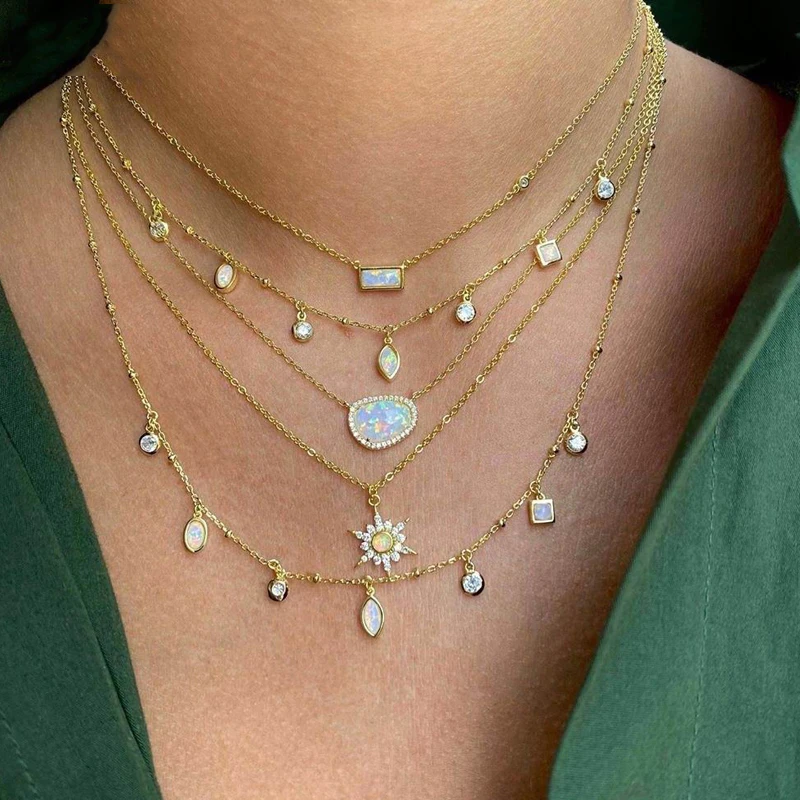

2021 Minimal 925 Sterling Silver Simple Square Round CZ Opal Stone Charm Geometric Delicate Women girl Choker Necklaces Jewelry