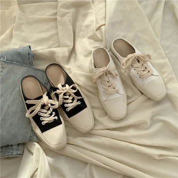 

Spring Style Korean Style Trendy Shoes Net red Half Slippers Without Heel Lazy White Shoes Ladies Popular Shoes Canvas Shoes