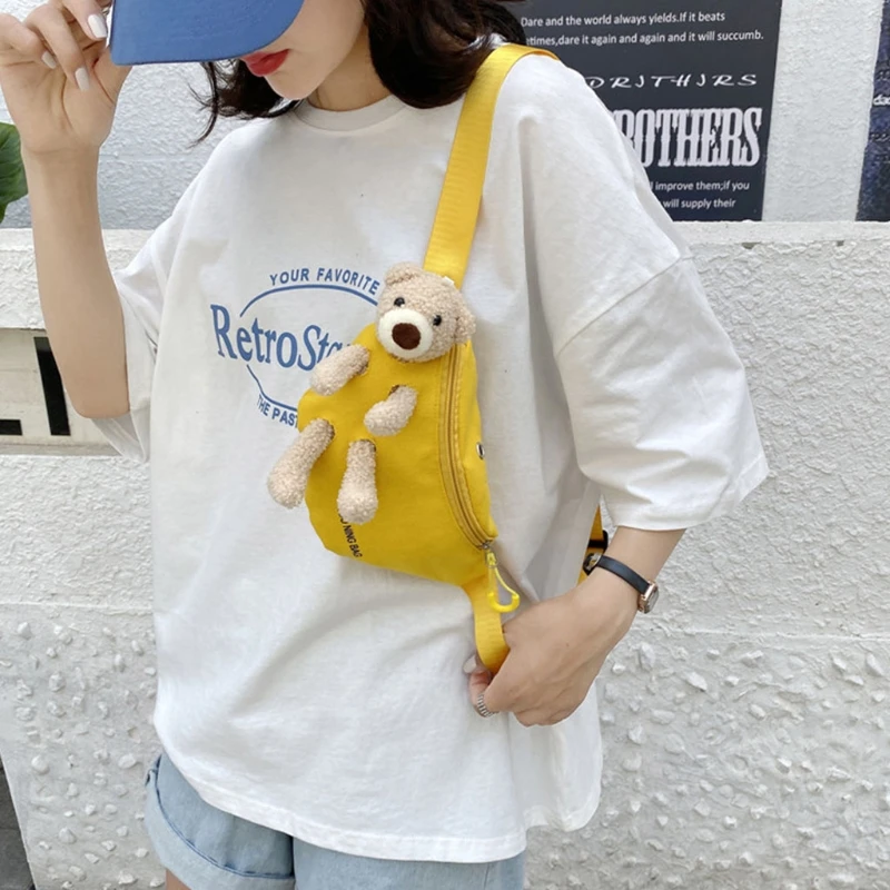 

Cute Bear Canvas Wild Chest Bag Trendy All-match Messenger Women Casual Daily