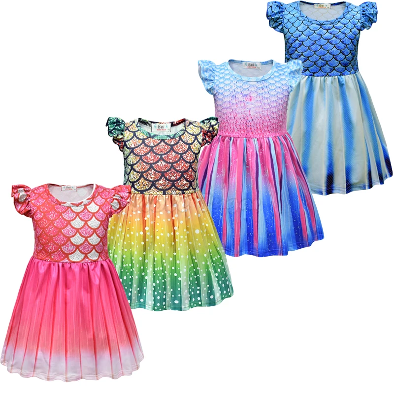 

1pcs Kids Girls Cosplay Mermaid Fish Scale Colorful Printed Dress Summer Cute Flying Sleeve Children Dresses 2-8 Y C27M255
