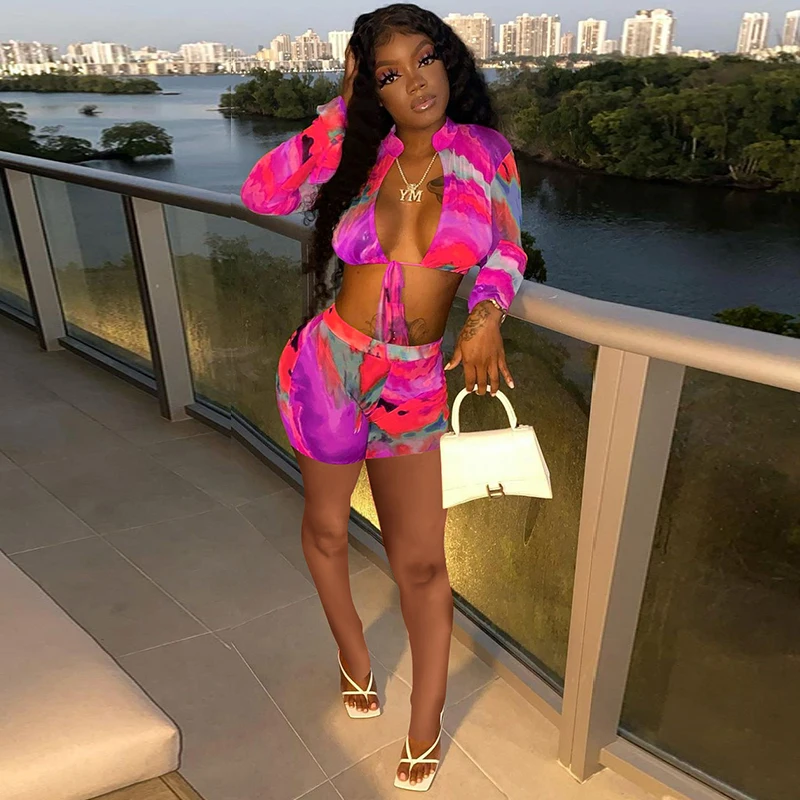 

TNNAOFF Tie Dye Two Piece Set for Women Summer Vacation Outfits Flare Sleeve Hollow Bandage Tops Sexy Biker Shorts Matching Sets