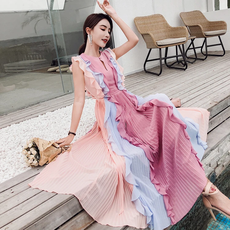 Runway Women Long Ruffles Party Dresses Elegant Hit Color Patchwork Pleated Summer Dress Sleeveless Maxi Vestidos | Женская одежда