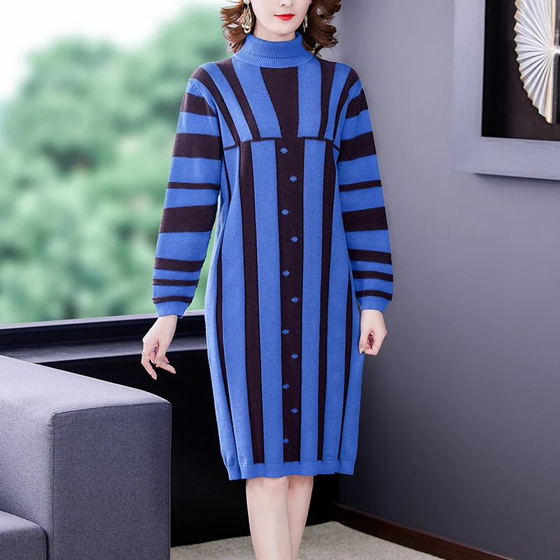 

SuperAen Autumn Winter 2021 New Wool Knitted Loose Thickened Plus Size Mid Calf Turtleneck Sweater Woman Dress