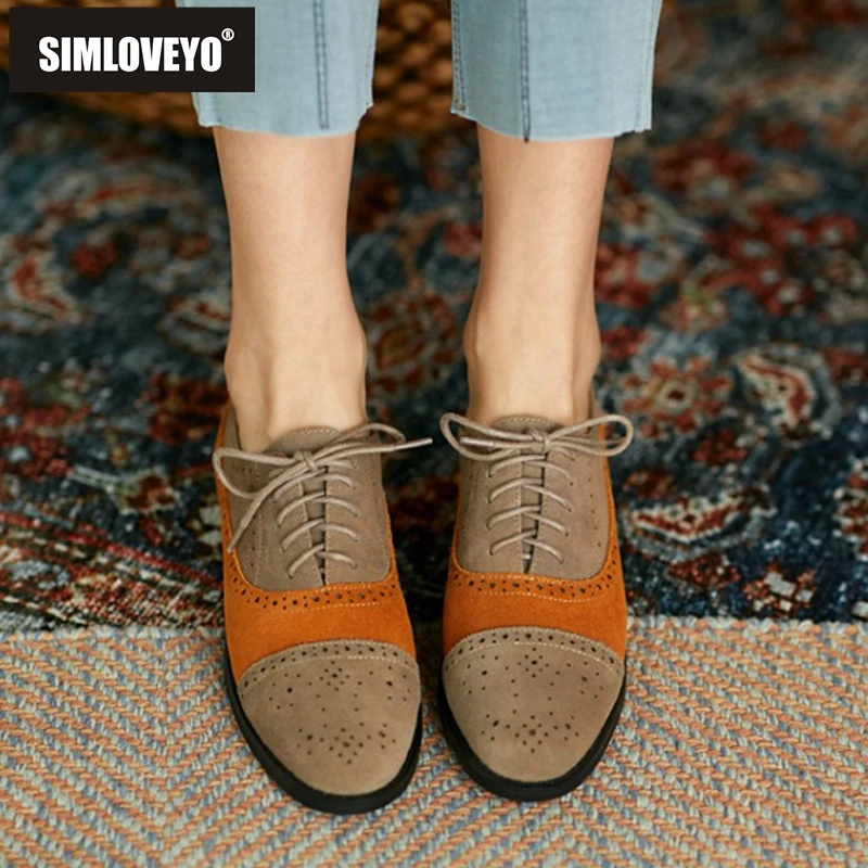 

SIMLOVEYO Новинка 2021, женские туфли на плоской подошве, с круглым носком, из натуральной кожи, в стиле пэчворк, на шнуровке, в британском стиле, эл...