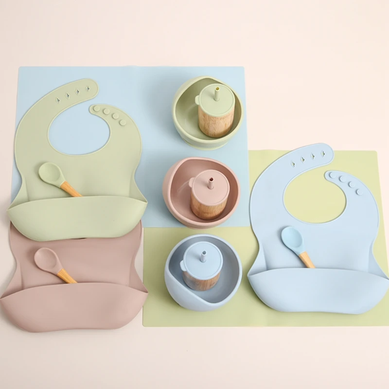 Bopoobo-taza de bamb&uacute; de paja, taz&oacute;n de silicona, babero ajustable impermeable, toalla de Saliva, libre de BPA cuchara de madera, suministros de alimentaci&oacute;n para reci&eacute;n nacidos-4