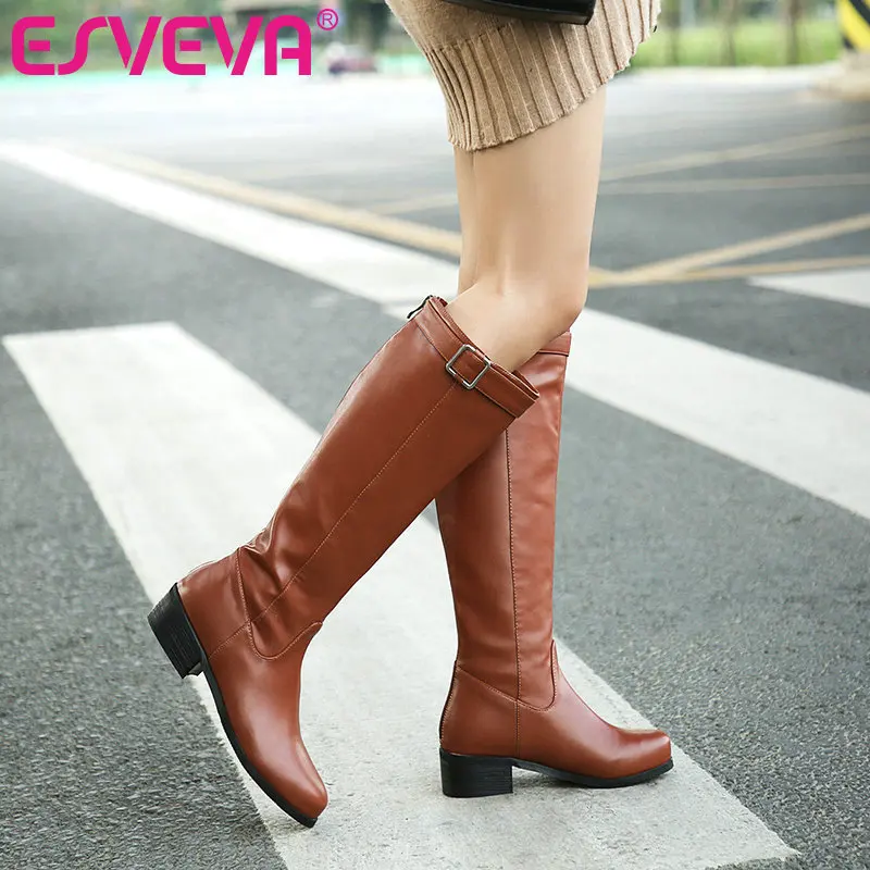 

ESVEVA 2021 Knee High Boots Women Boots Autumn Winter PU Leather Women Shoes Pointed Toe Low Heel Zipper Boots Size 34-43