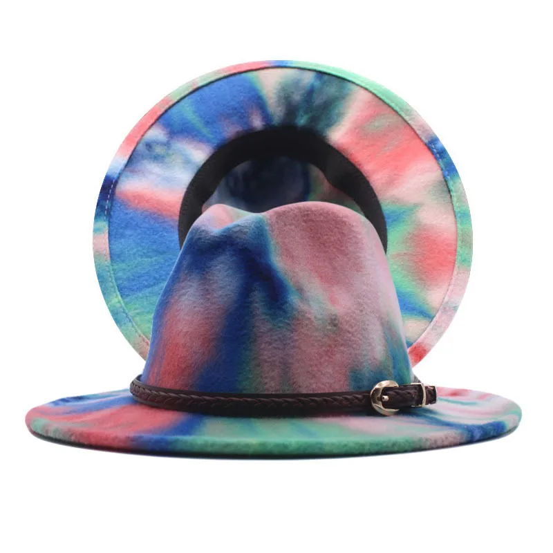 

Fedorat Hat Tie-dye Jazz Hats Cowboy Hat for Women Winter Men Cap Vintage Fashionable Wool Bowler Hat Wholesale