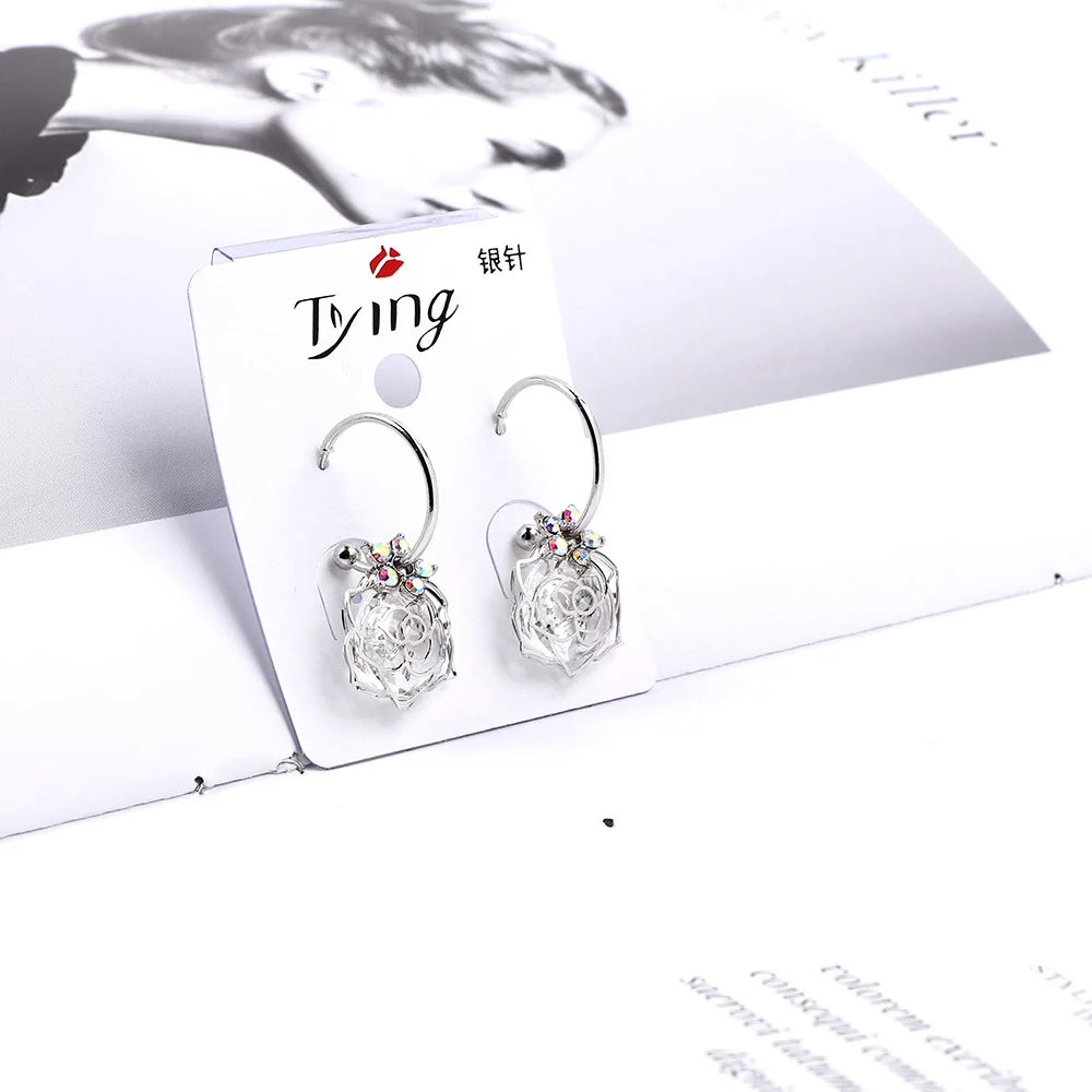 Shiny Fashion Earring Jewelry Rhinestone Rose Drop Earrings For Women Korea Hollow Crystal Flower 1 Pai | Украшения и аксессуары