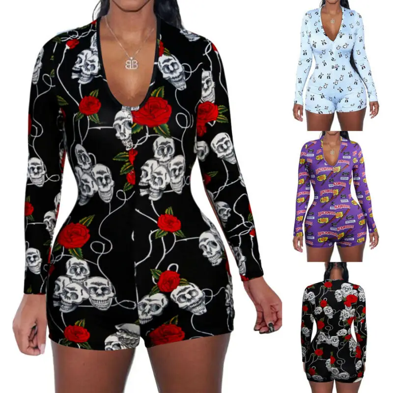 

Sexy Women V Neck Bodycon Sleepwear Bodysuit Jumpsuit Shorts Romper Leotard Long Sleeve New Floral Playsuit Size Plus S-XXL