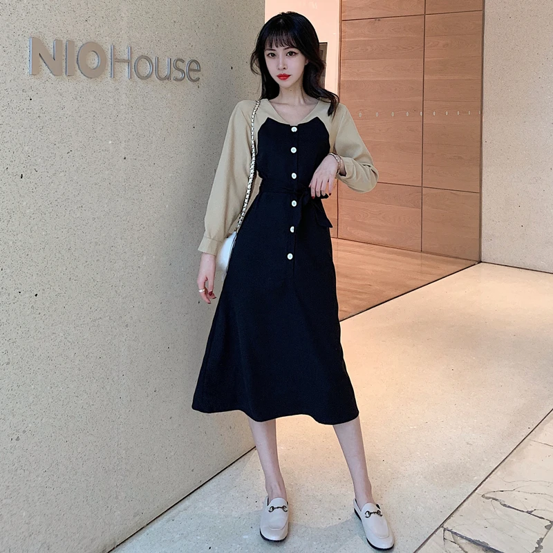 Черные Базовые платья Длинная Женская Весенняя базовая одежда лоскутное