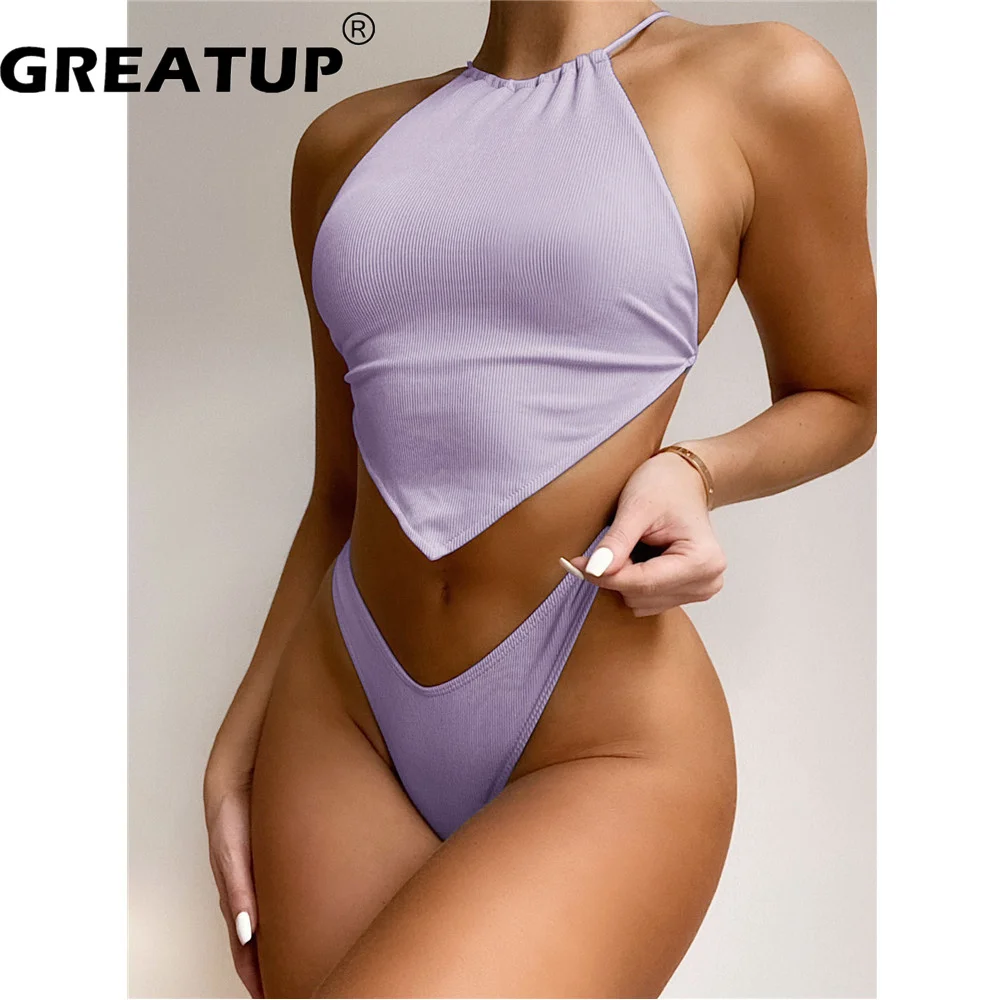 

Сексуальный купальник-бикини в рубчик GREATUP, женский купальник, 2021, Бандажное бикини с перекрестными лямками, купальный костюм с высоким выре...