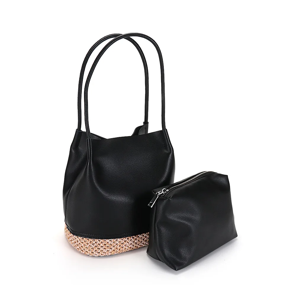 

2021 New Women Bucket Bag Soft Genuine Leather Woven Straw Braided Fashion Composite Handbag and Purse Luxury Designer Bag