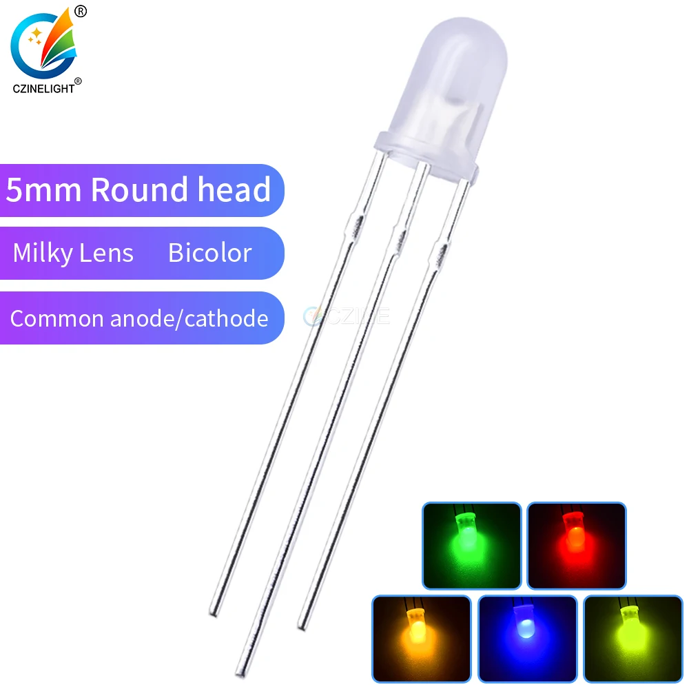 1000pcs/Bag Czinelight Factory Price F5 Diffused Lens 5mm Bicolor Led Emitting Diode Red Plus Yellow Green Blue