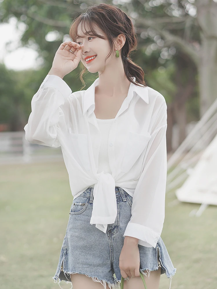 

Блузка женская без подкладки, тонкая белая шифоновая рубашка в стиле Джокер, свободная верхняя одежда, на лето