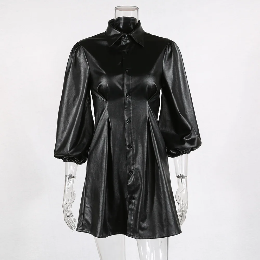 Женское платье из искусственной кожи Forefair сексуальное мини с пышными рукавами