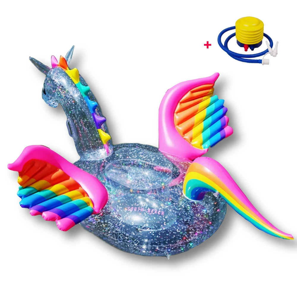 

Giant Pegasus Unicorn Pool Floats Inflatable Swim Ring Floating Island Sequins Ride-on Pool Lounger Pool Rafts Foot Pump Free