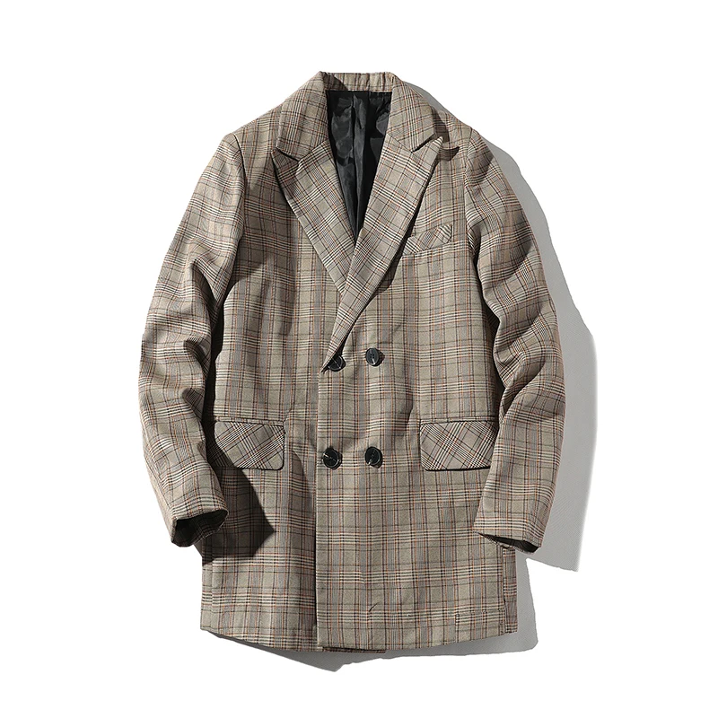 Мужской Клетчатый блейзер цвета хаки приталенный деловой пиджак в клетку для