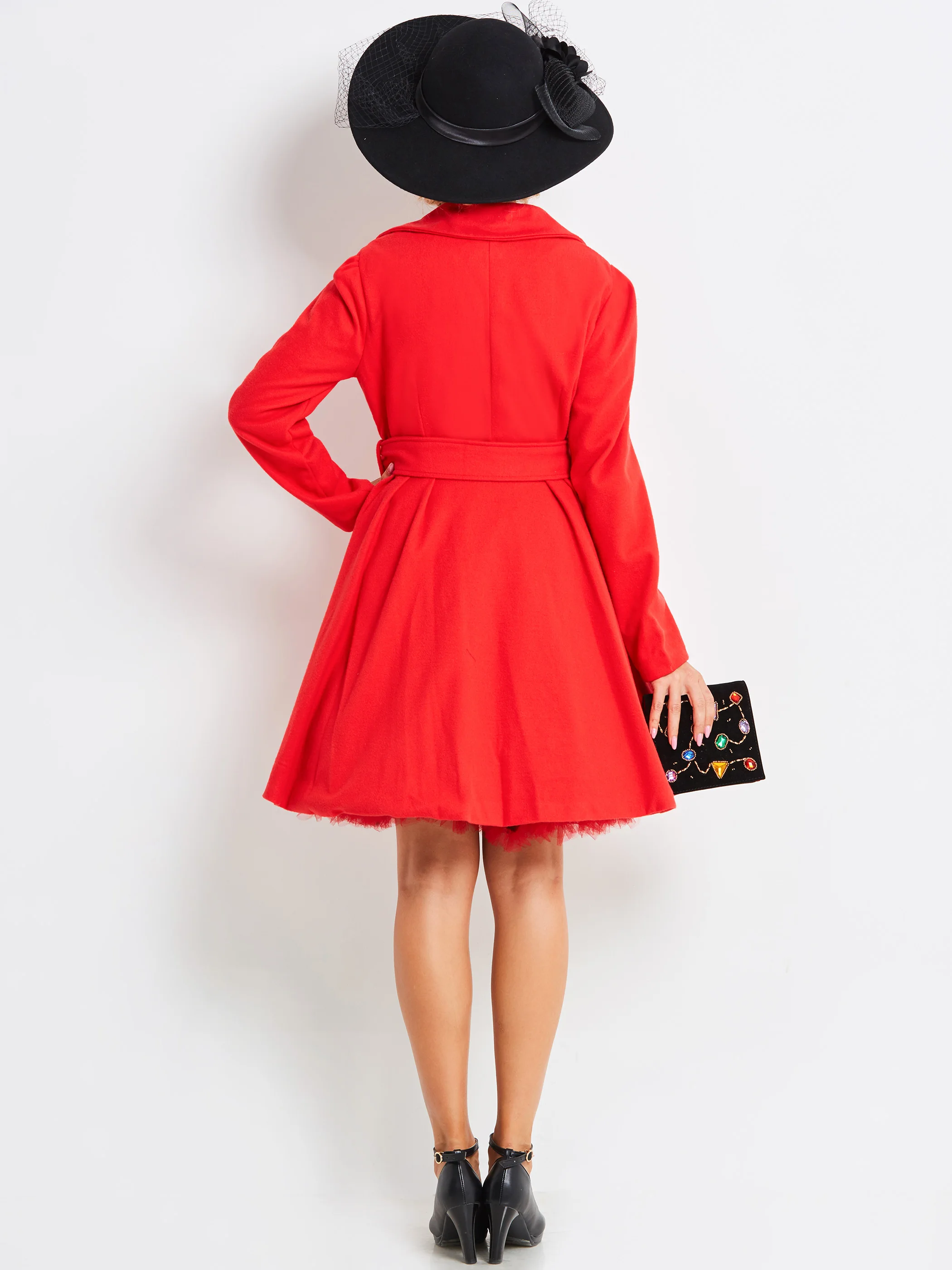 

Sale Women Wool Blends Coats Casual Elegant Red Vintage Office Lady Lapel Button Lace Up Female Fashion Tops Retro Overcoats