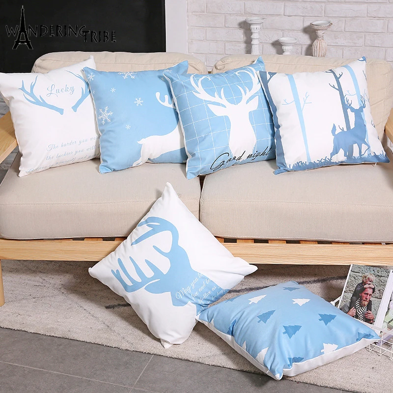 

Nordic Style Cushion Cover Decorative Pillows Elk Deer Blue Pillow Case 45*45Cm Polyester Sofa Covers Cushions Home Decoration