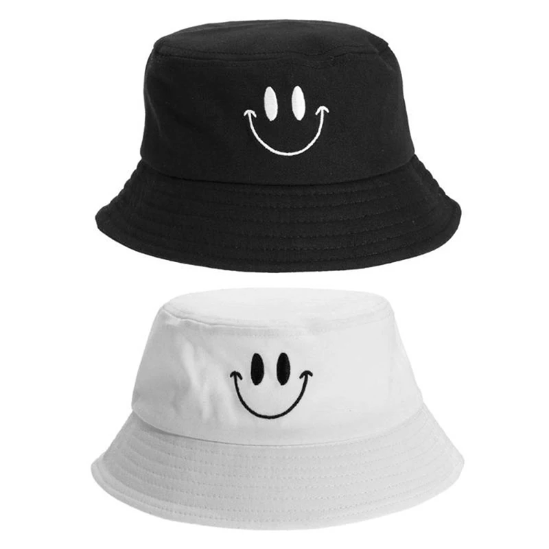 

1PC Women Smile Face Embroidery Bucket Hat Outdoor Fishing Sunscreen Bucket Hat