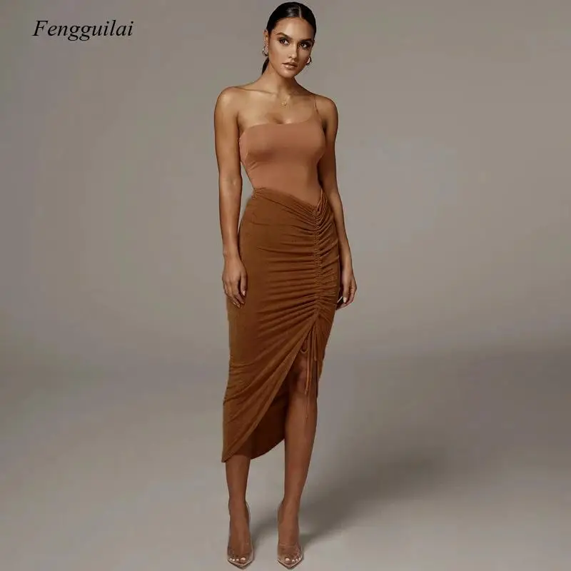 

Drawstring Ruched Women Skirt Slit High Waist Elegant Sexy Street Wear Party Club 2021 Summer Skirt