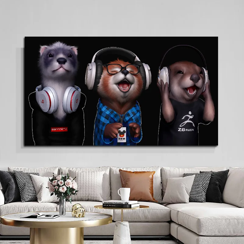

Animal Painting Funny Mouse Headphone Poster Canvas Oil Wall Art Posters and Print Canvas Prints for Living Room Decoration