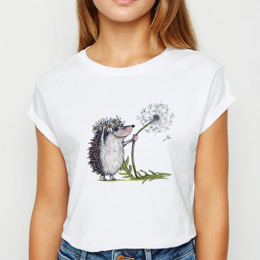 

New T-shirt Female Hedgehog with dandelion Tshirt Loose Spring Summer Tee shirt Easy Matching Round Neck T-shirts
