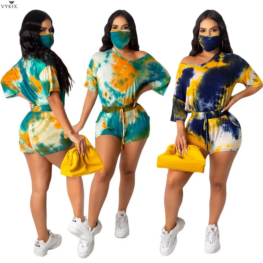 

Women With Mask Tie Dye Print Tee Tops Shorts Jogger Suits Sport Two Piece Set Fashion Tracksuits Matching Sets Clubwear Outfits