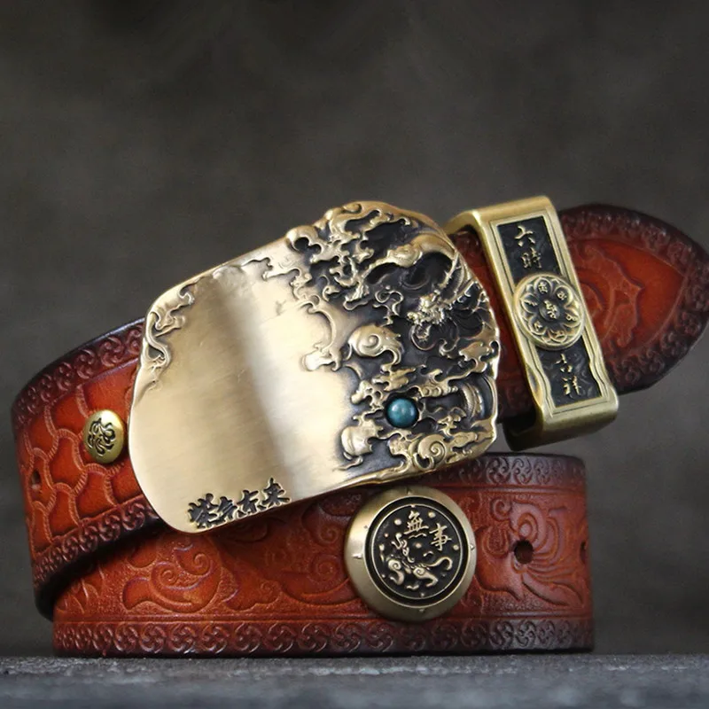 Unique Design  Genuine Leather Strap Male Belts For Men Women Cowhide Vintage Copper Buckle Belt Carved Text