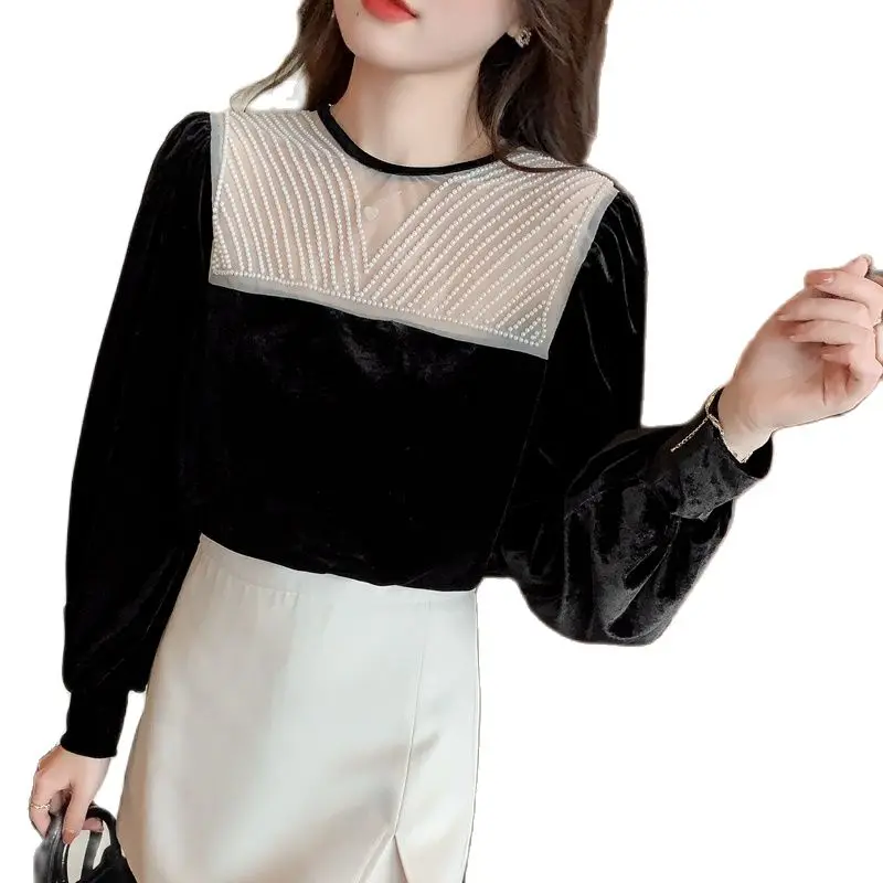 

Fashion Autumn Winter Women Vintage Elegance Beading O-Neck Elegant Lady Velvet Tops Long Sleeve Black Velour Shirts